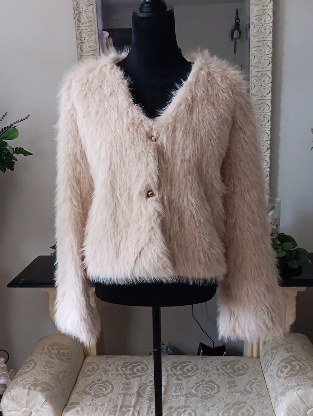 Women’s Cream Faux Fur Button-Up Jacket